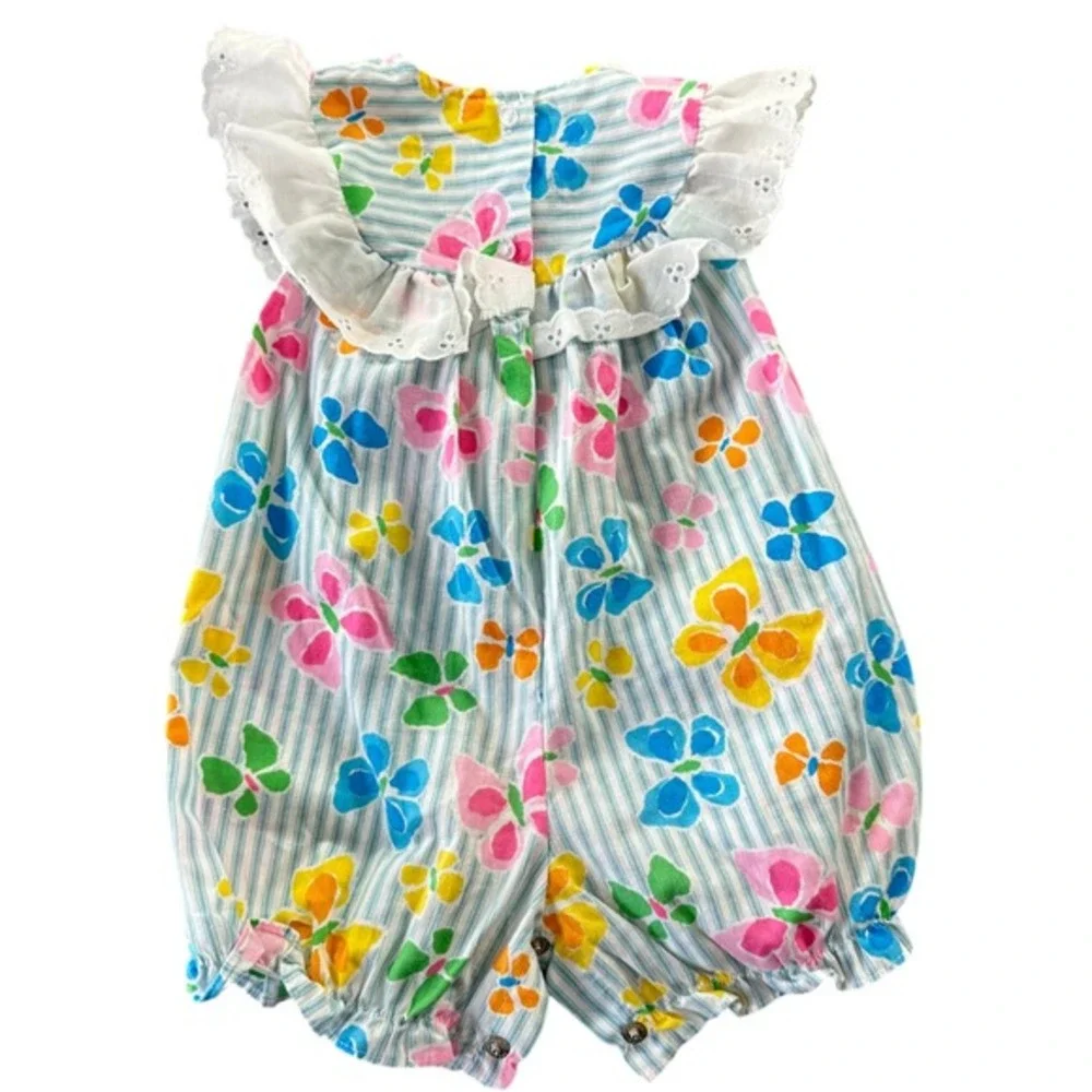 Vintage Baby Girl Ruffle Butterfly Romper Blue‎ Striped Eyelet Lace 12M Kidcore